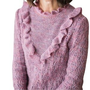 Bishop + Young ruffled v-neck open knit crochet sweater XS excellent condition